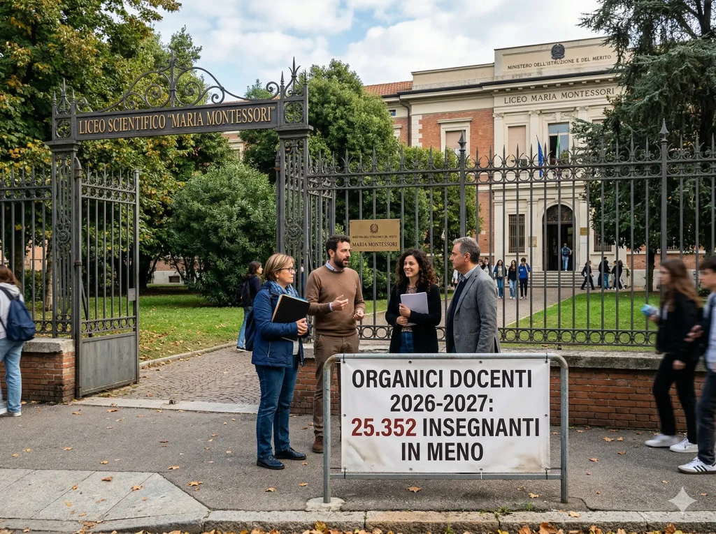 Docenti davanti all’ingresso di una scuola, con in primo piano la scritta: "Organici docenti 2026-2027: 25.352 insegnanti in meno"