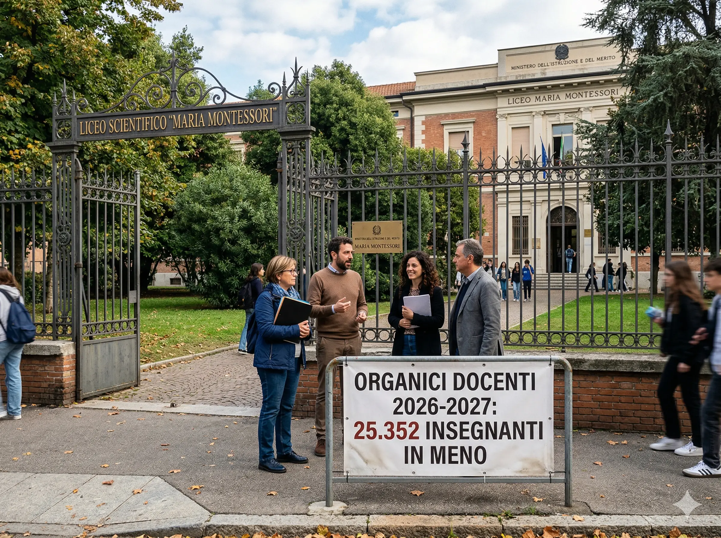 Docenti davanti all’ingresso di una scuola, con in primo piano la scritta: "Organici docenti 2026-2027: 25.352 insegnanti in meno"