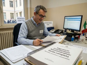 Segretario Coordinatore Amministrativo al lavoro in ufficio e in primo piano la scritta "Segretario Coordinatore Amministrativo: Guida completa"