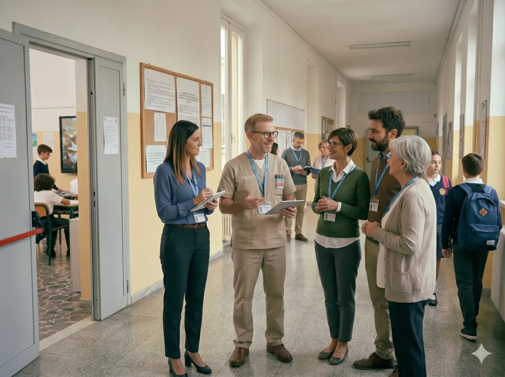 Segretario Coordinatore Amministrativo punteggio ATA 2027: personale di segreteria nel corridoio della scuola