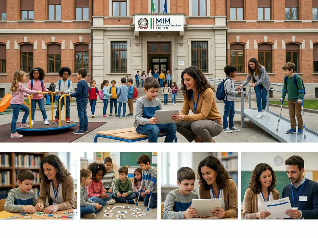 TFA Sostegno 2026, immagine divisa in 5 parti: docenti di sostegno con alunni disabili