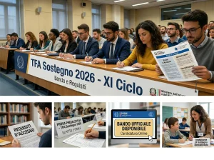 Immagine divisa in 5 parti: studenti in aula, alle prese con il bando, durante le prove e con un alunno disabile. In primo piano la scritta "TFA Sostegno 2026 - XI Ciclo"