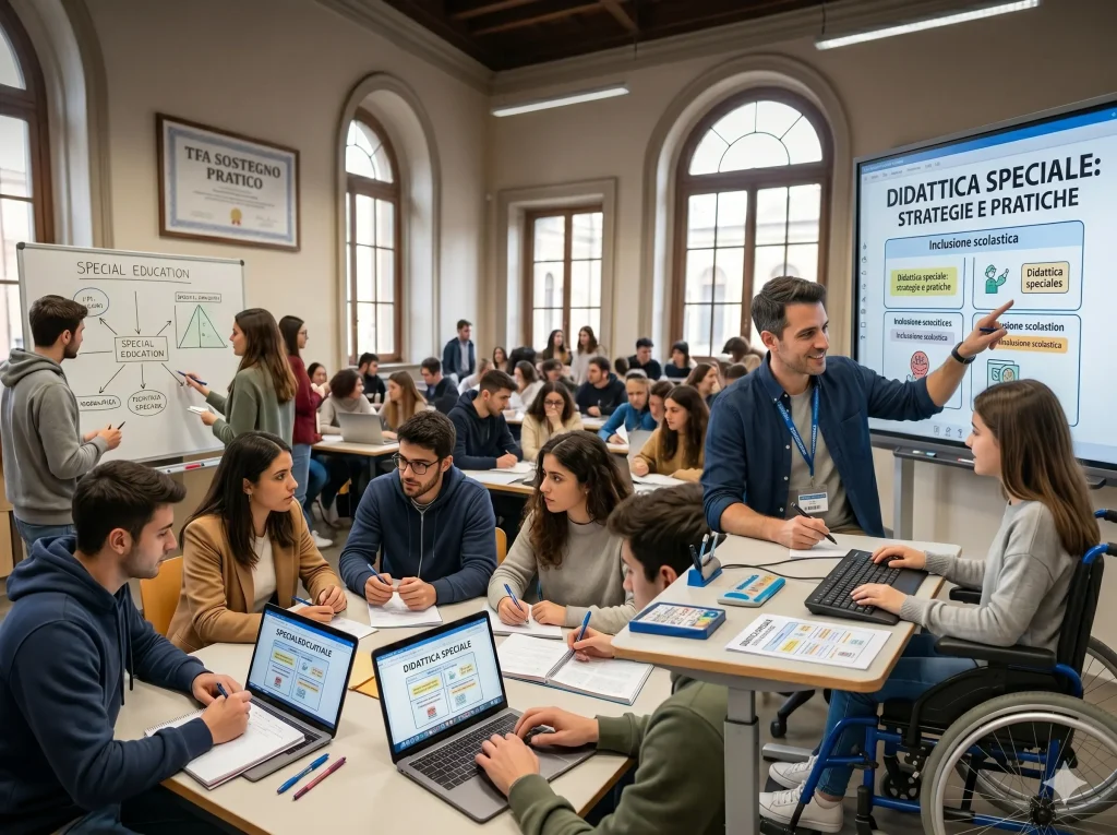 TFA Sostegno 2026 costi: docente di sostegno con alunna disabile durante una lezione in classe