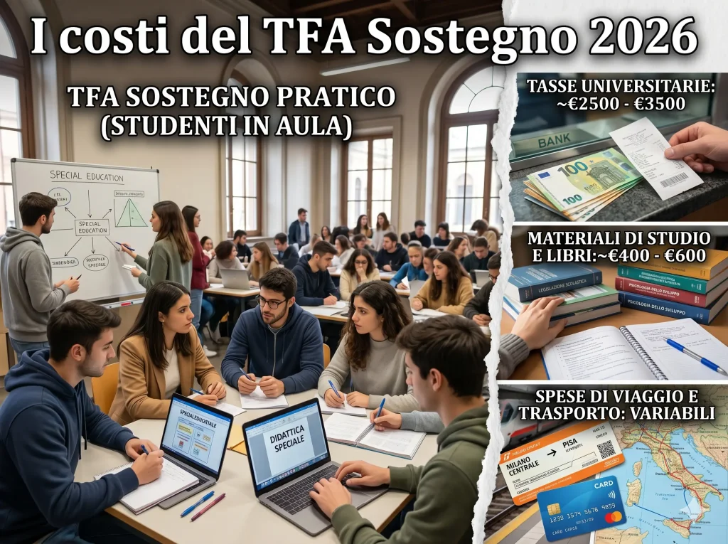TFA Sostegno 2026 costi. Immagine divisa in 2: in una metà studenti in aula; nell'altra metà - divisa a sua volta in 3 riquadri - le diverse spese che devono affrontare i candidati. In primo piano la scritta: "I costi del TFA Sostegno 2026"