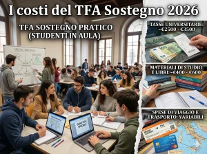 TFA Sostegno 2026 costi. Immagine divisa in 2: in una metà studenti in aula; nell'altra metà - divisa a sua volta in 3 riquadri - le diverse spese che devono affrontare i candidati. In primo piano la scritta: "I costi del TFA Sostegno 2026"