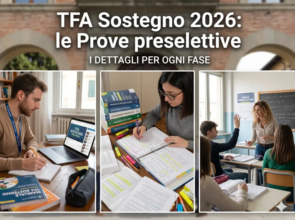 TFA Sostegno 2026 prove preselettive. Immagine divisa in 3 parti con docenti alla scrivania mentre segue un videocorso; alle prese con libri e appunti; in classe. In primo piano la scritta: TFA Sostegno 2026: le Prove preselettive