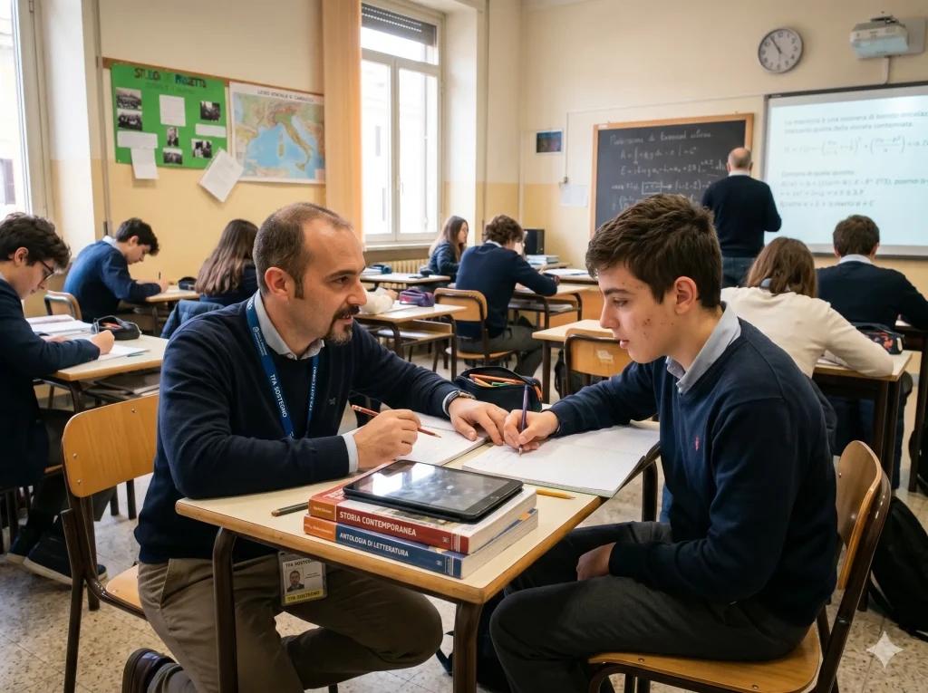 TFA Sostegno 2026: quando esce il bando. Docente di sostegno aiuta un alunno durante la lezione