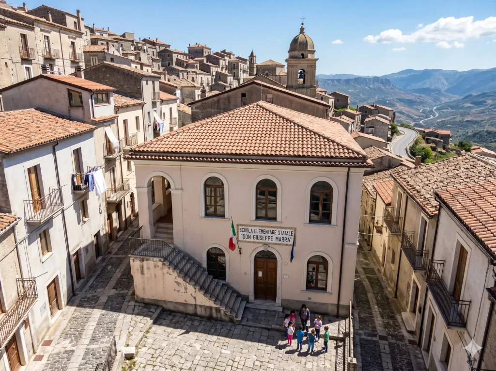 TFA Sostegno 2026: quando esce il bando. Edificio scolastico in un paesino.
