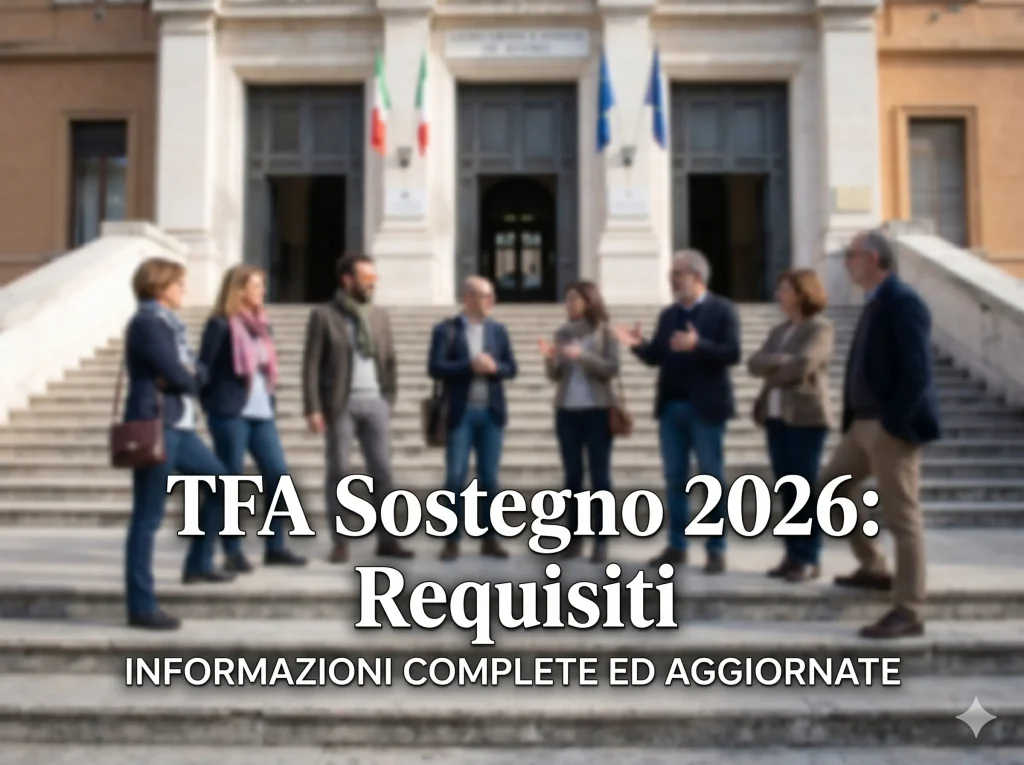 Docenti davanti ad una scuola. In primo piano la scritta: "TFA Sostegno 2026: Requisiti"