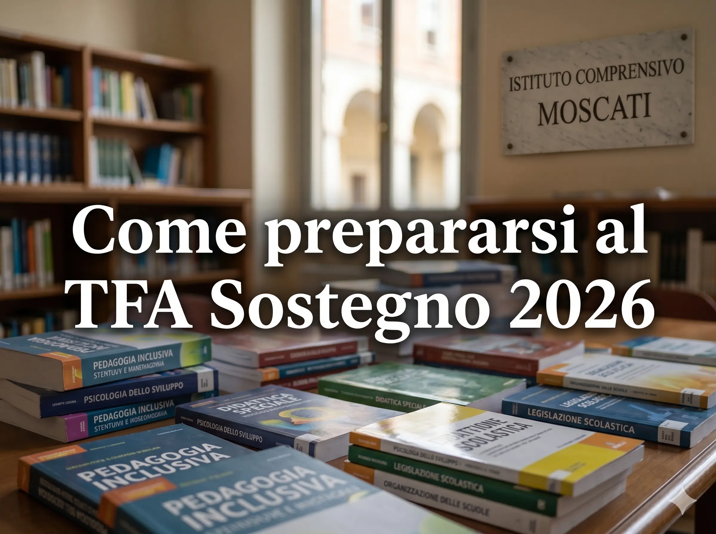 TFA Sostegno come prepararsi: scrivania con libri di testo relativi al TFA. In primo piano la scrita: Come prepararsi al TFA Sostegno 2026
