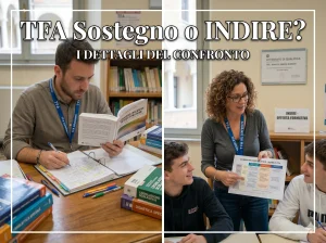 Immagine divisa in 2 parti, con 2 diversi docenti. In primo piano la scritta: TFA Sostegno o INDIRE?