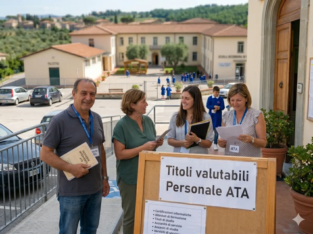 Personale ATA davanti ad una scuola. In primo piano la scritta: Titoli valutabili Personale ATA