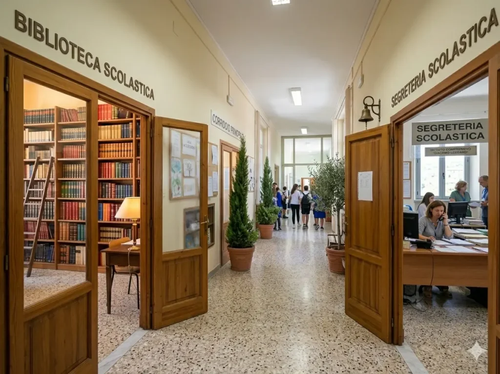 Titoli valutabili Personale ATA: corridoio scolastico, con vista su biblioteca e segreteria