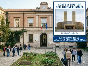 Abuso di contratti a termine ATA: un edificio scolastico e un riquadro con la sede della Corte di Giustizia dell'UE