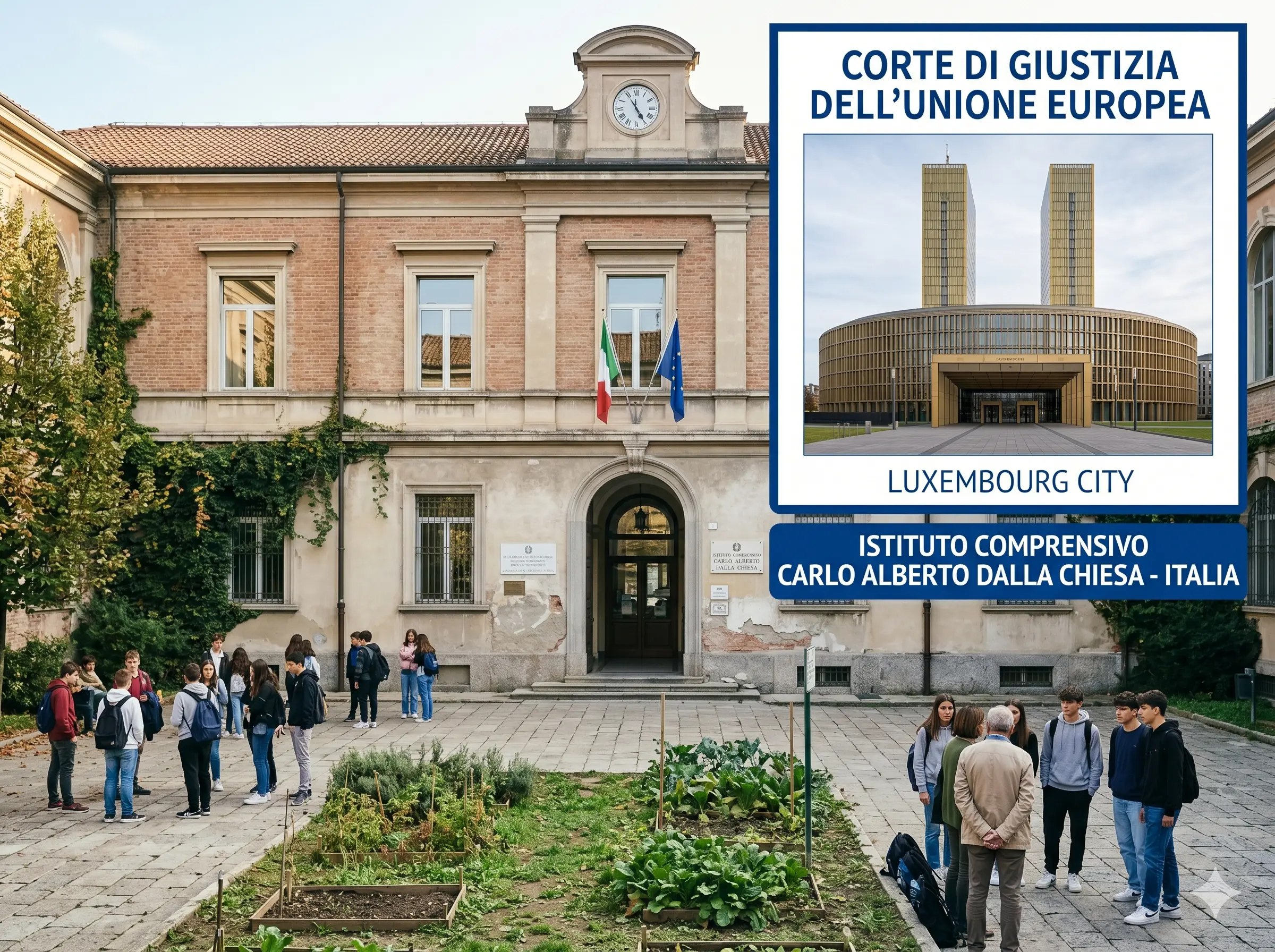 Abuso di contratti a termine ATA: un edificio scolastico e un riquadro con la sede della Corte di Giustizia dell'UE