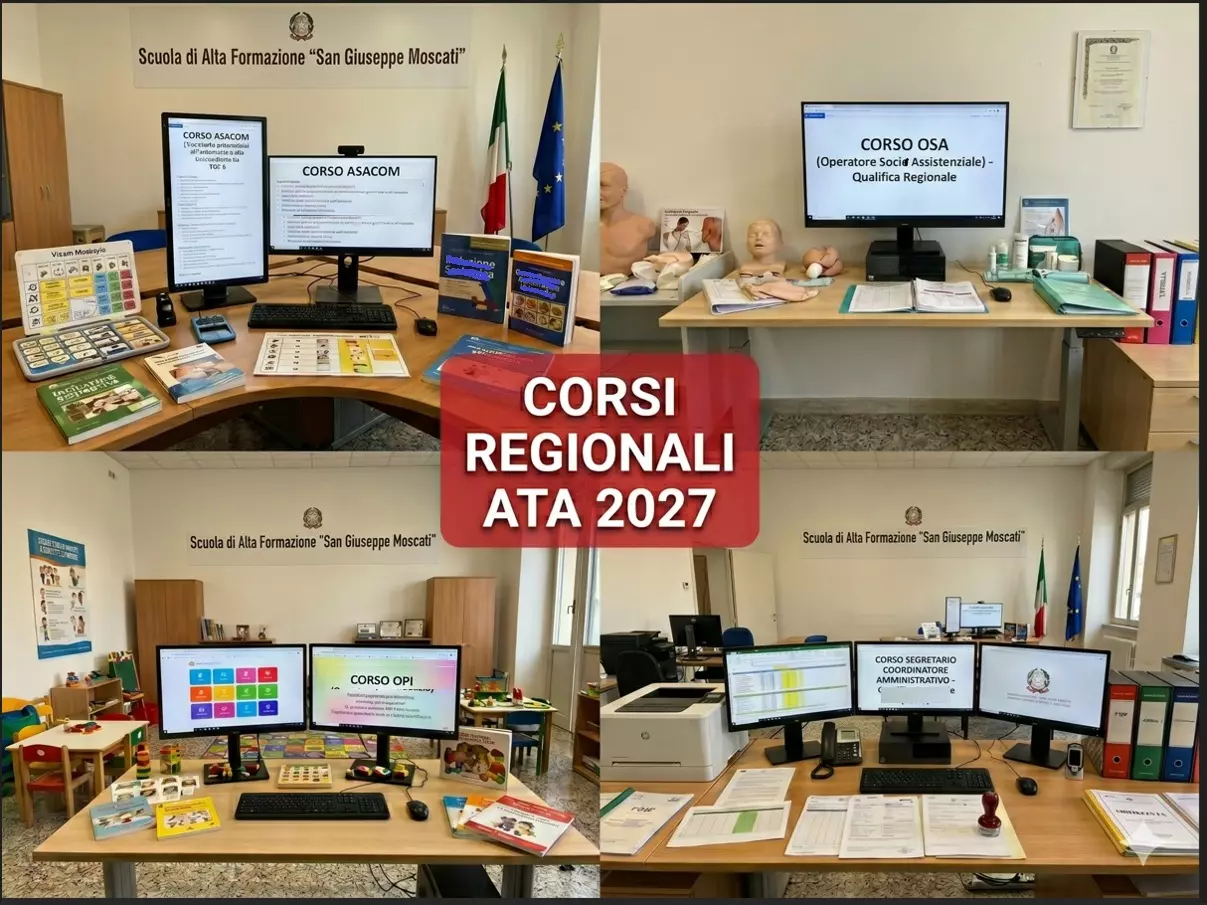 Immagine divisa in 4 parti, con altrettanti monitor di pc che mostrano i corsi Asacm, Osa, Opi e Segretario Coordinatore Amministrativo. In primo piano la scritta " Corsi regionali ATA"