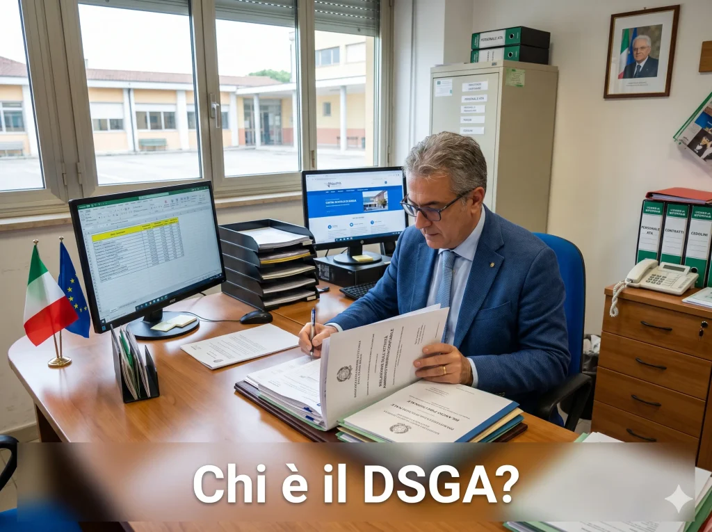 Direttore dei Servizi Generali e Amministrativi in ufficio. In primo piano la scritta: "Chi è il DSGA?"