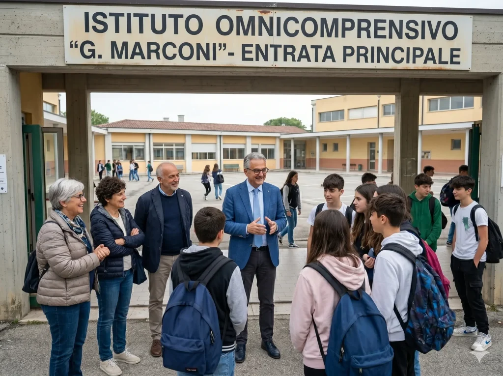 DSGA davanti all'ingresso della scuola con docenti e alunni