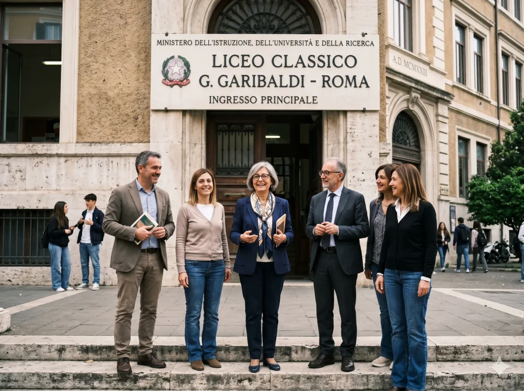 CCNL dirigenti scolastici 2022-24: DS davanti ad una scuola con alcuni docenti