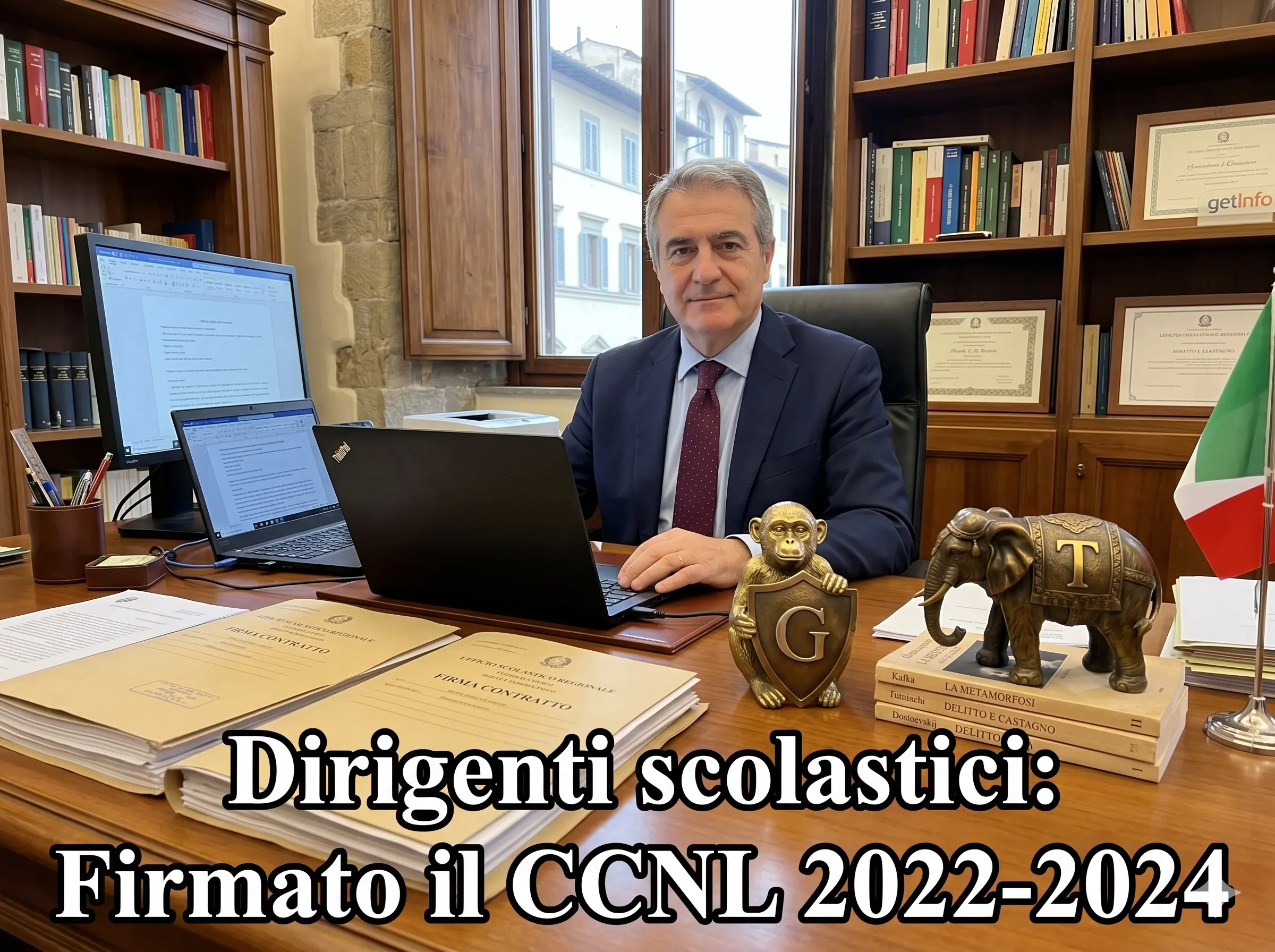 CCNL dirigenti scolastici 2022-24: DS in ufficio. In primo piano la scritta: "Dirigenti scolastici: firmato il CCNL 2022-2024"