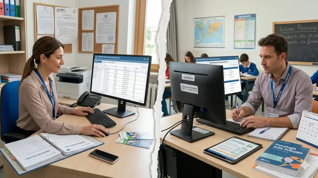 L'alfabetizzazione digitale nel 2026: immagine divisa in due, con un segretario scolastico e un docente che lavorano al pc