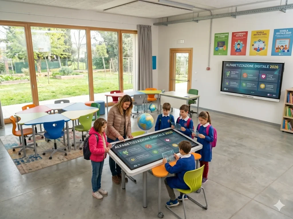 L'alfabetizzazione digitale nel 2026: docente ed alunni in aula con strumenti interattivi