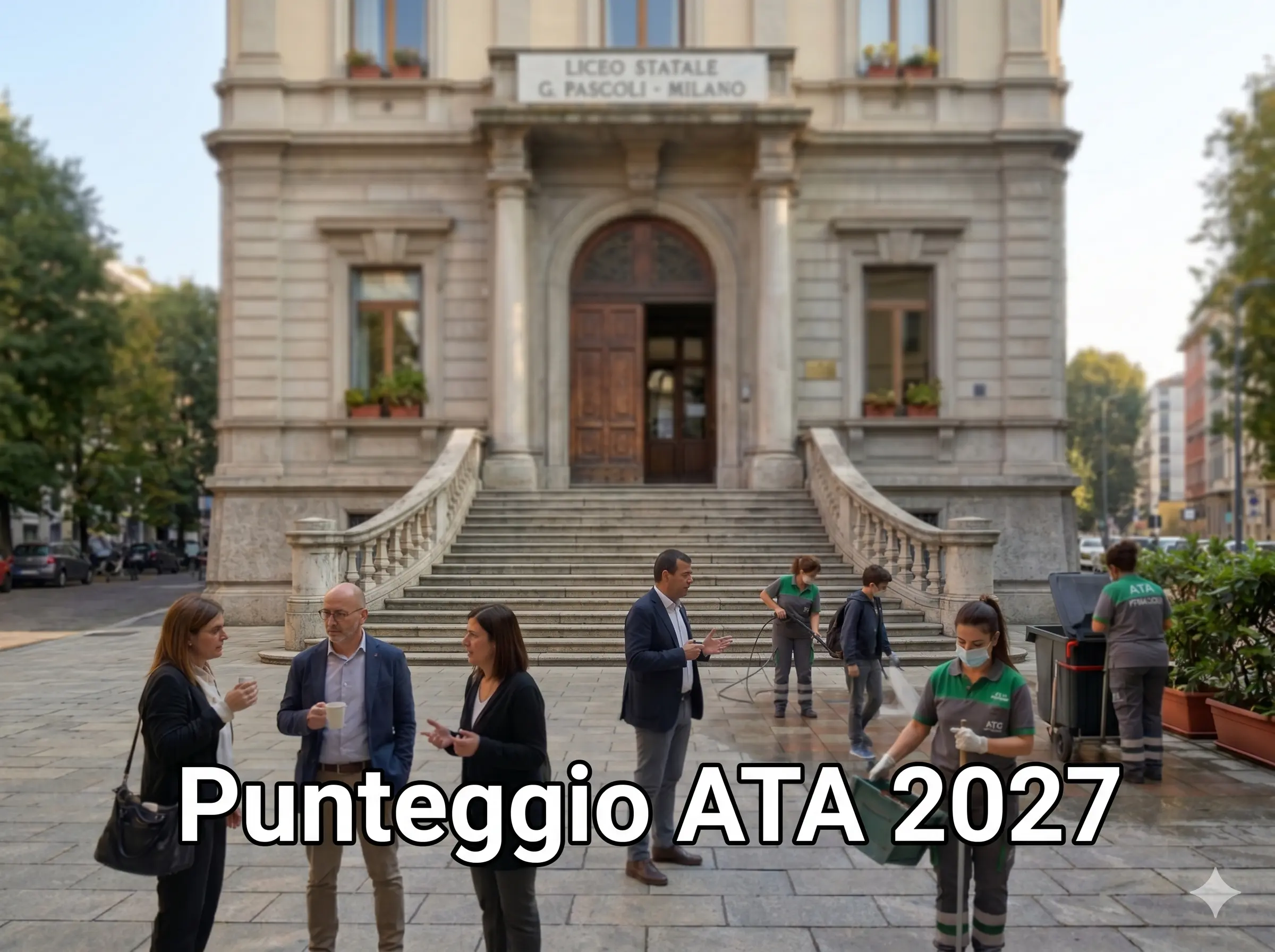 Docenti e Collaboratori scolastici davanti ad una scuola. In primo piano la scritta "Punteggio ATA"