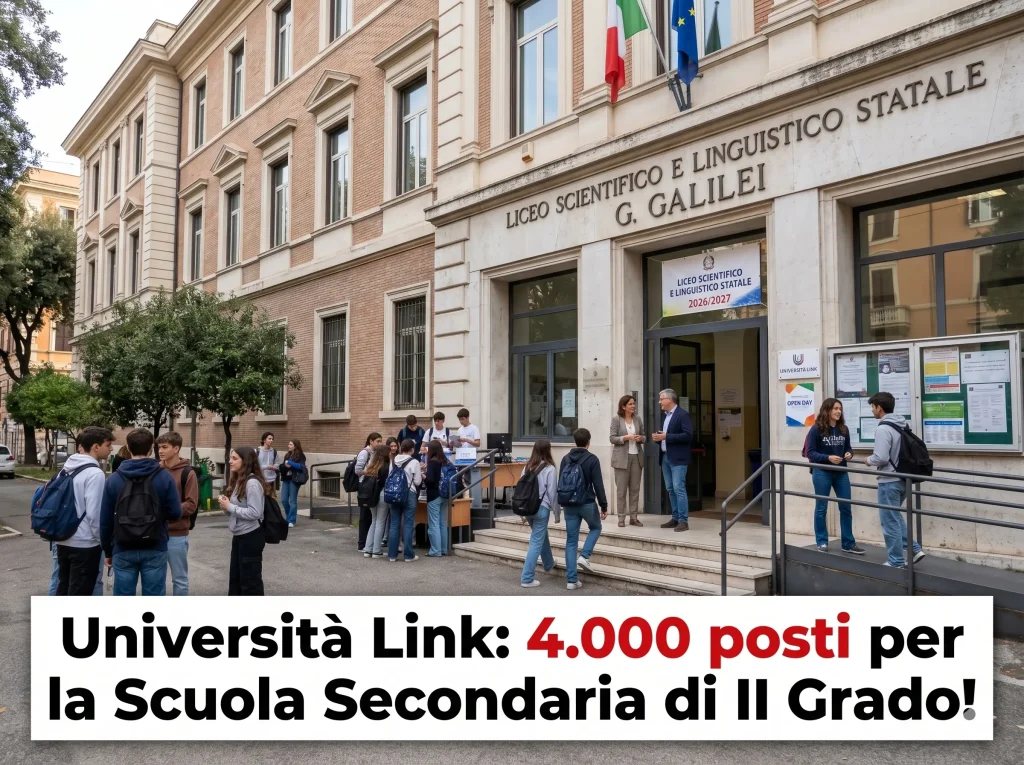 TFA Sostegno Scuola Secondaria 2026: alunni e docenti davanti ad una scuola. In primo piano la scritta: "Università Link: 4.000 posti per la Scuola Secondaria di II Grado!"