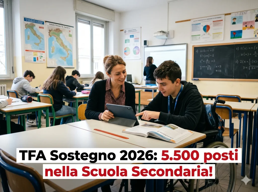 TFA Sostegno Scuola Secondaria 2026: docente di sostegno in aula con un alunno disabile. In primo piano la scritta "TFA Sostegno 2026: 5.500 posti nella Scuola Secondaria!"