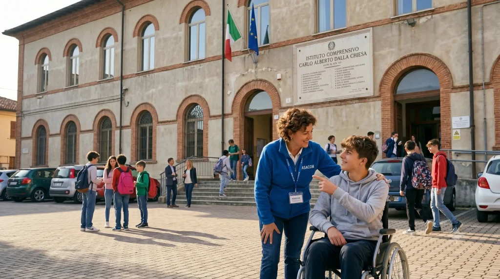 Chi è l'ASACOM: alunno e Asacom davanti ad una scuola