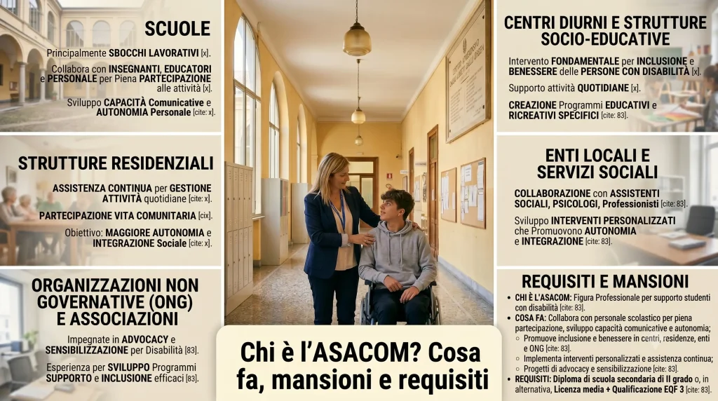 Al centro un Asacom e un alunno disabile. Tutto intorno dei riquadri che illustrano sbocchi lavorativi e requisiti