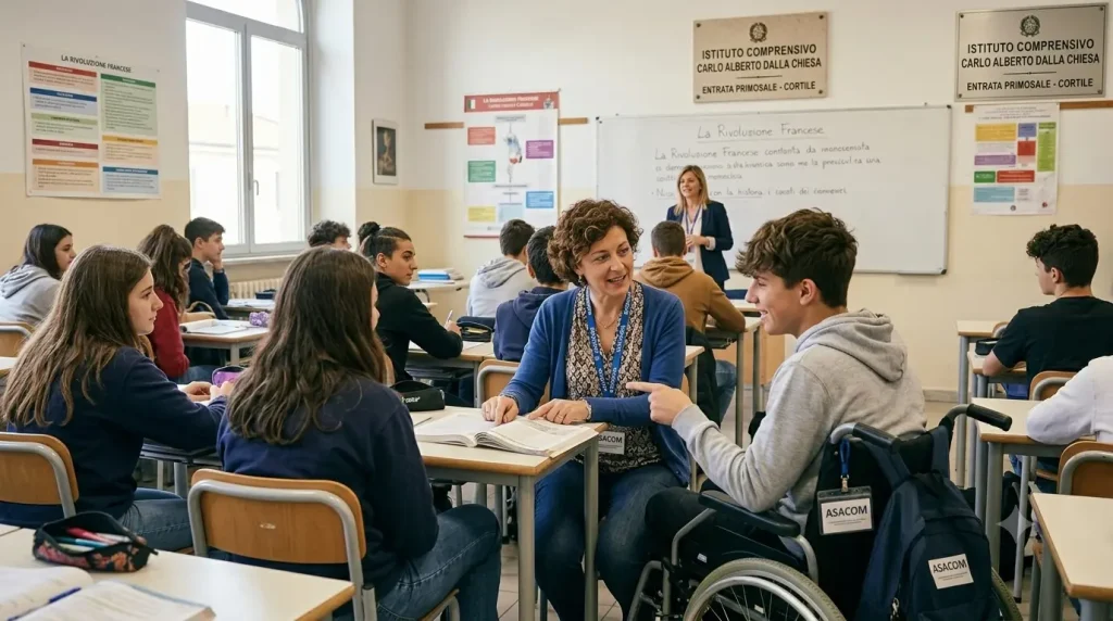 Chi è l'ASACOM: un Asacom al fianco di un alunno in classe durante una lezione