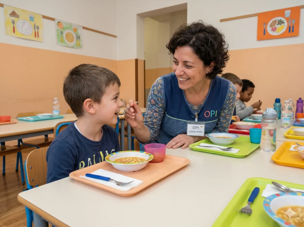 OPI Operatore dell'Infanzia chi è: OPI assiste bambino durante il pranzo