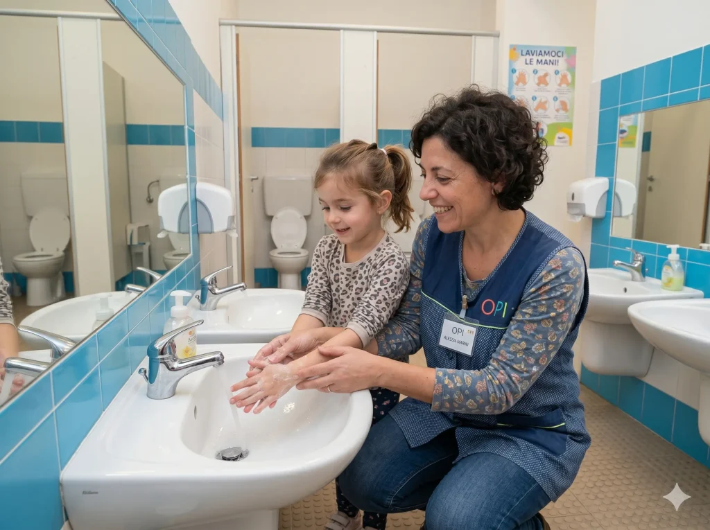 OPI Operatore dell'Infanzia chi è: OPI assisste bambina mentre si lava le mani