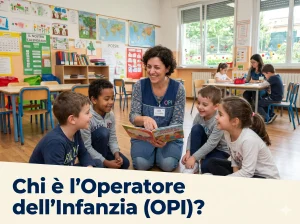 OPI Operatore dell'Infanzia chi è: OPI alle prese con alcuni bambini in classe. In primo piano la scritta "Chi è l'Operatore dell'Infanzia (OPI)?"