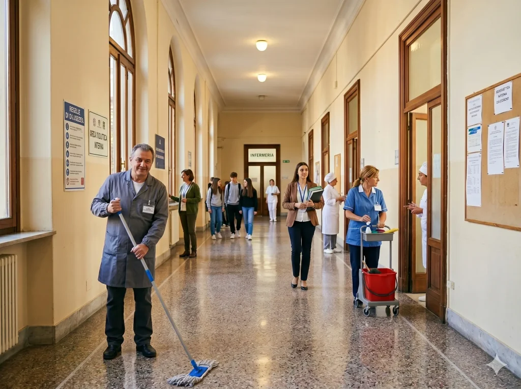Profili graduatorie ATA: collaboratori scolastici nel corridoio di una scuola