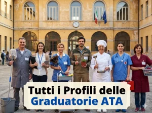 Profili graduatorie ATA: figure ATA davanti ad una scuola. In primo piano la scritta "Tutti i profili delle Graduatorie ATA"