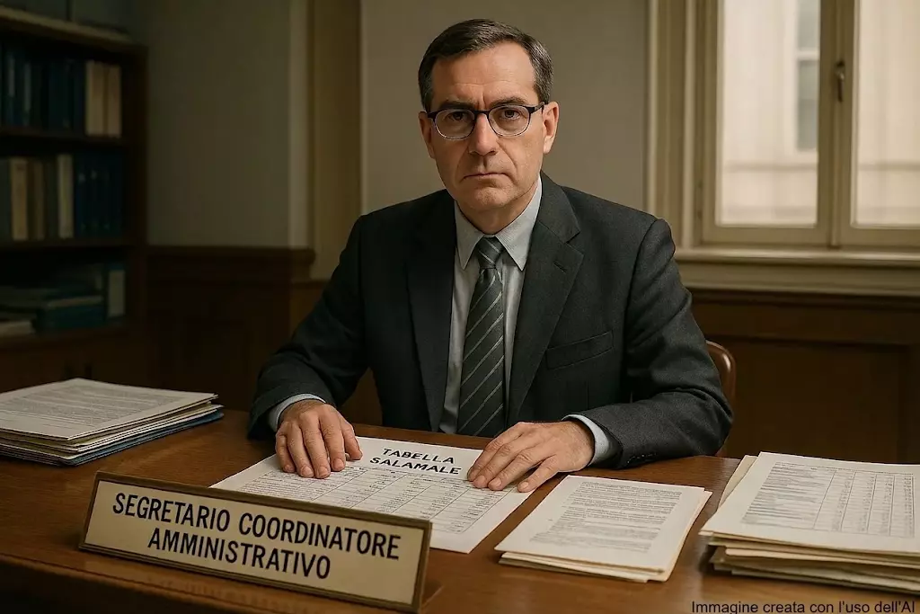 Scena di un Segretario Coordinatore Amministrativo all’interno di una scuola, con documenti e tabelle salariali visibili su una scrivania.