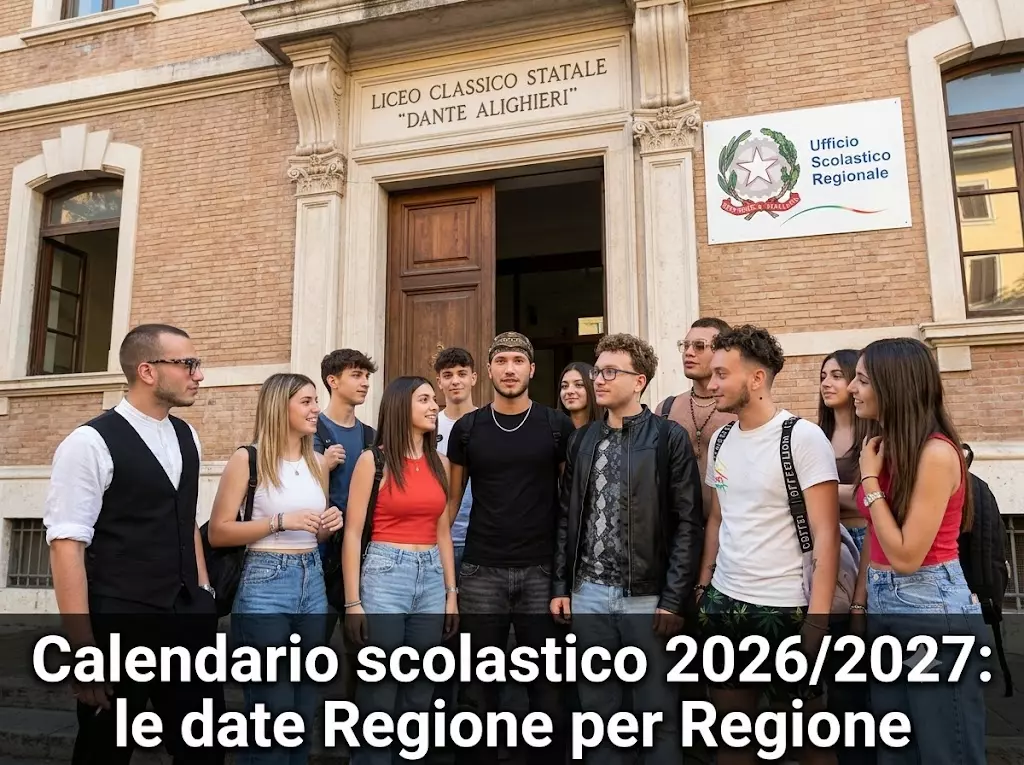 Gruppo di studenti davanti ad una scuola. In primo piano la scritta "Calendario scolastico 2026-2027: le date regione per regione"