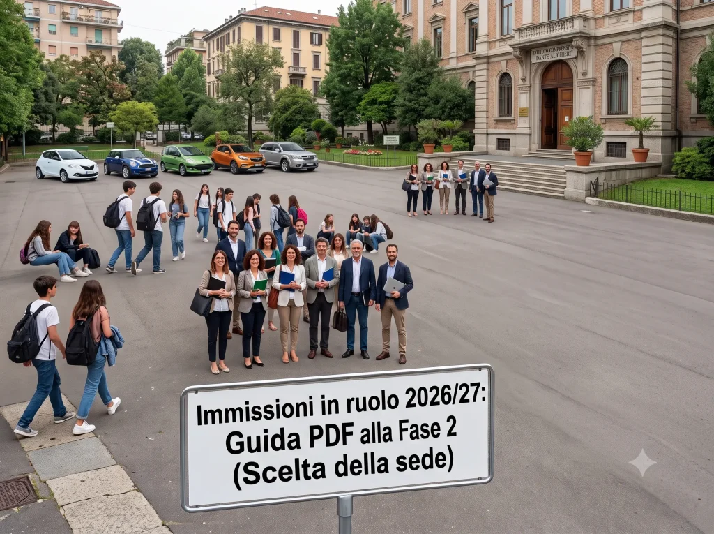 Immissioni in ruolo 2026/27, Fase 2 Scelta della sede: docenti e alunni nel cortile della scuola. In primo piano la scritta: "Immissioni in ruolo 2026/27: Guida PDF alla Fase 2 (Scelta della sede)"