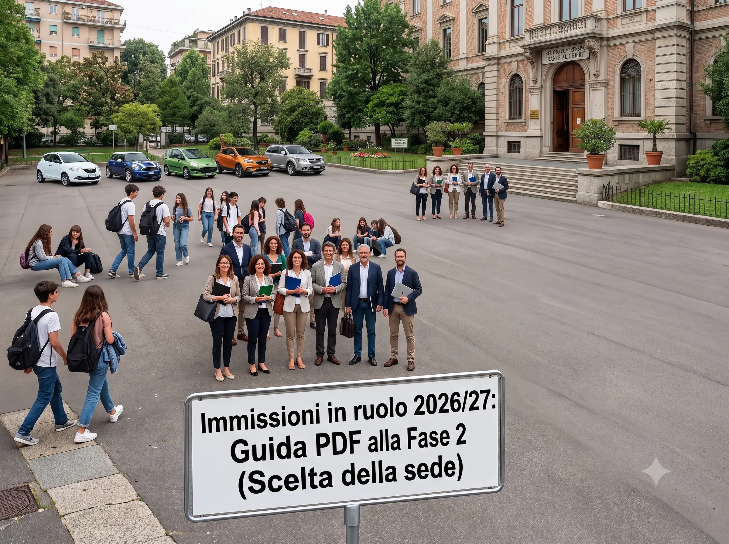 Immissioni in ruolo 2026/27, Fase 2 Scelta della sede: docenti e alunni nel cortile della scuola. In primo piano la scritta: "Immissioni in ruolo 2026/27: Guida PDF alla Fase 2 (Scelta della sede)"