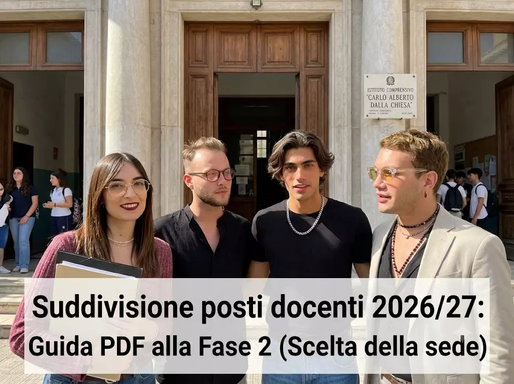 Suddivisione posti docenti 2026-2027: docenti davanti ad una scuola