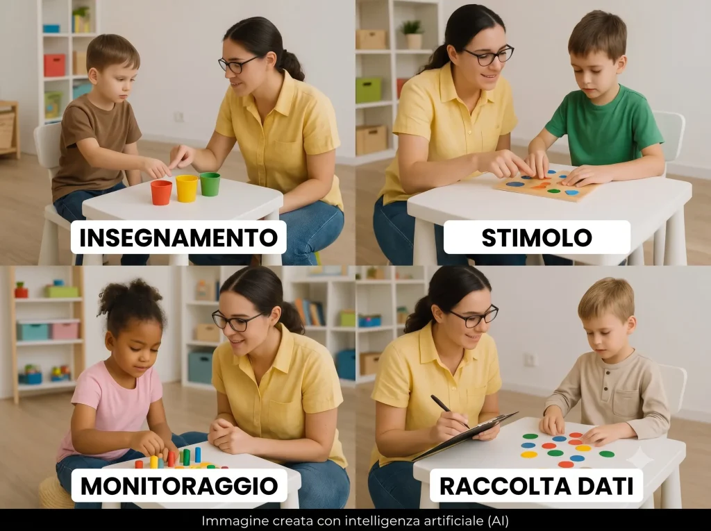 Autismo e ABA: immagine divisa in 4 parti, con diversi momenti di intervento ABA