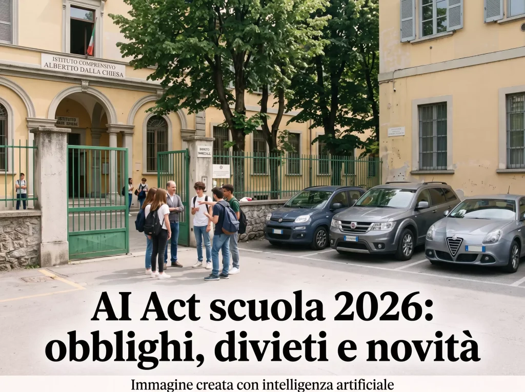 Docenti e alunni davanti ad una scuola. In primo piano la scritta "AI Act scuola 2026: obblighi, divieti e novità".