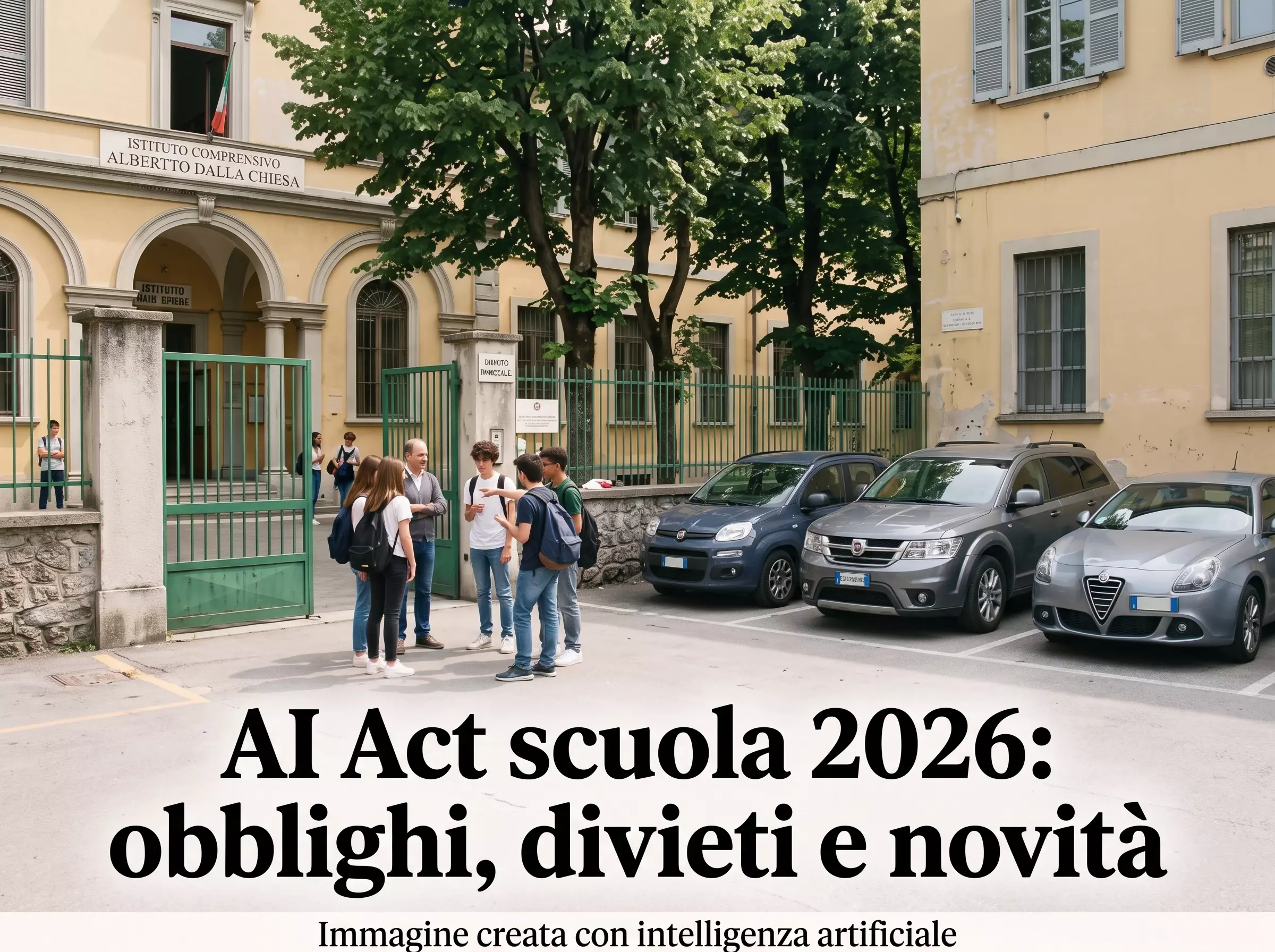 Docenti e alunni davanti ad una scuola. In primo piano la scritta "AI Act scuola 2026: obblighi, divieti e novità".