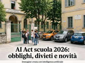 Docenti e alunni davanti ad una scuola. In primo piano la scritta "AI Act scuola 2026: obblighi, divieti e novità".