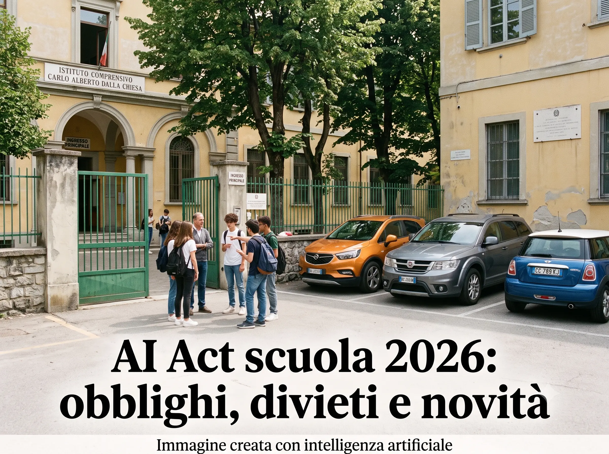 Docenti e alunni davanti ad una scuola. In primo piano la scritta "AI Act scuola 2026: obblighi, divieti e novità".