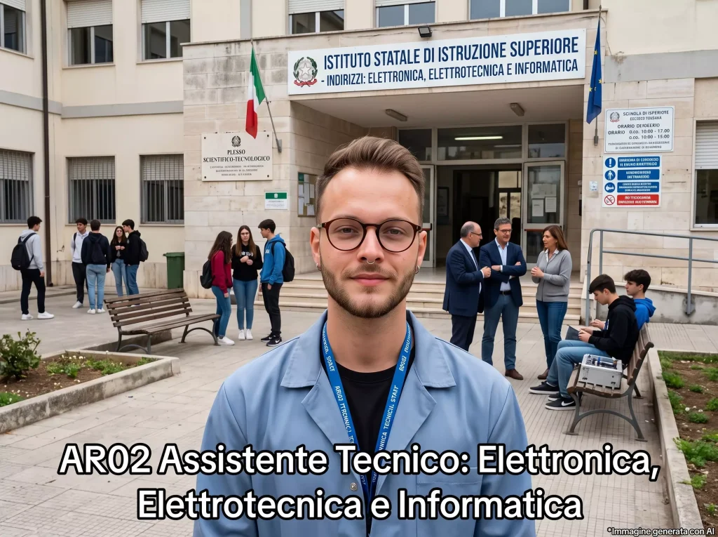 Assistente tecnico davanti ad una scuola, con alle sue spalle docenti e alunni. In primo piano la scritta "AR02 Assistente Tecnico: Elettronica, Elettrotecnica e Informatica".