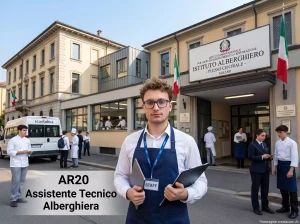 AT davanti ad una scuola. In primo piano la scritta "AR20 Assistente Tecnico Alberghiera"