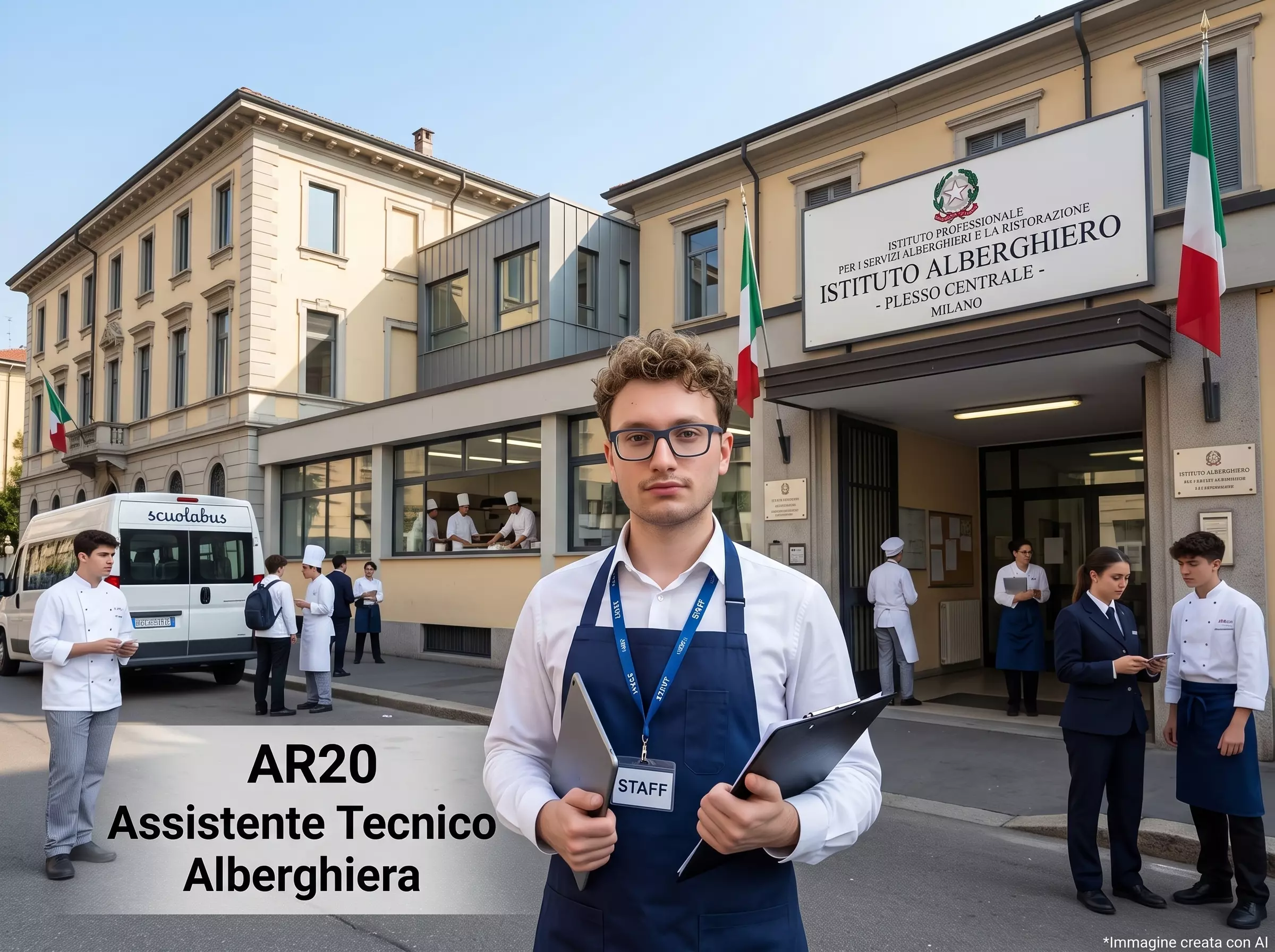 AT davanti ad una scuola. In primo piano la scritta "AR20 Assistente Tecnico Alberghiera"